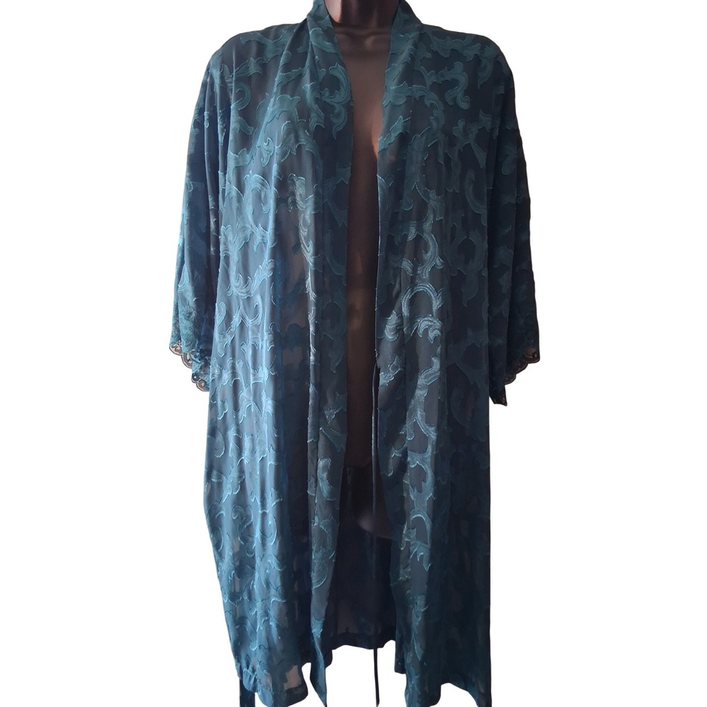 Fredericks of Hollywood Teal Sheer Mesh Lace Trim Robe Damask Scroll Vintage L‎ - Picture 10 of 12